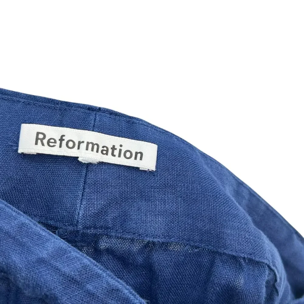 Reformation Ace Linen Pant Wide Leg Trousers Belted Blue‎ Size 8